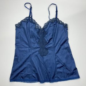 Vintage Navy Blue Lace Semi Sheer Cami By Fortune Adjustable Straps Sz Large